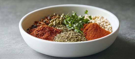 Colorful assortment of spices and herbs in a white bowl perfect for culinary presentations and enhancing cooking creativity