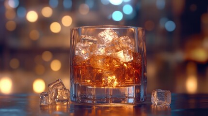 Whiskey cocktail in a glass with ice cubes illuminated by vibrant light reflections on a blurred background