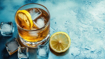 Refreshing cocktail with ice cubes and lemon slice on a blue textured background ideal for bar or beverage promotions