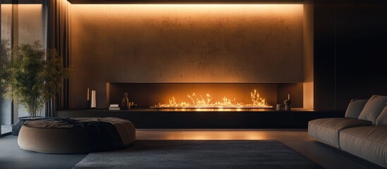 Elegant living room with a modern fireplace featuring warm, dancing flames creating a cozy and inviting ambiance at night.