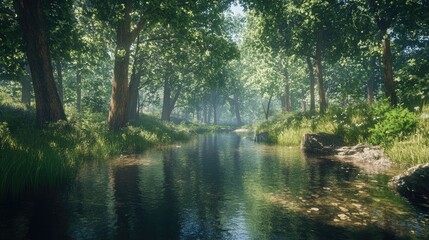 Obraz premium Serene creek flowing through a lush green forest with sunlight filtering through the trees creating a tranquil natural scene.