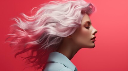 Intense Focus Woman in Motion with Blonde Hair and Red Background