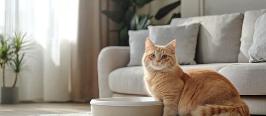 Fototapeta na wymiar Warm and inviting living room design showcasing a stylish sofa with a discreet cat litter box for a pet friendly home environment