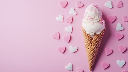Ice cream cone with pink and white heart sprinkles on a pastel pink background flat lay composition perfect for sweet dessert promotions
