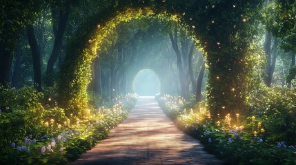 A magical entrance in a tranquil setting that combines aspects of fantasy and nature