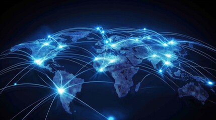 Digital global network map illustration highlights worldwide connectivity and data exchange, showcasing advanced international communication technology.