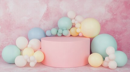  Product Podium Stage with Pastel Color Balloons on Pink Concrete Background. A Festive and Elegant Setup for Product Displays and Events.