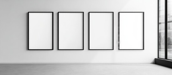 Minimalist black and white interior featuring empty frames and sleek decor in a spacious gallery setting.