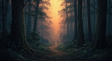 Naklejka premium Majestic forest path at sunset with silhouettes of two deer