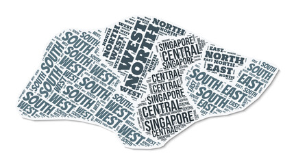 Fototapeta premium Singapore shape text cloud. Country border with shadow on white background. Singapore with regions division in vintage gazette style. Stylish vector illustration.