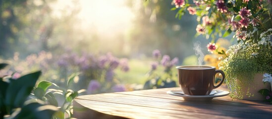Cozy morning coffee on sunlit terrace surrounded by vibrant flowers inviting relaxation and enjoyment in a serene outdoor setting