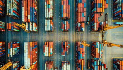 Obraz premium An Aerial view of busy industrial docking area with colorful shipping containers. Cranes are loading and unloading cargo, creating vibrant scene