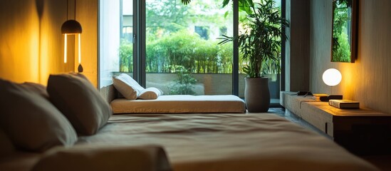 Fototapeta premium Modern studio apartment interior showcasing minimalist furniture, warm lighting, and a touch of greenery for urban living comfort