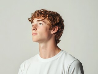 Obraz premium A young man with curly hair gazes upward, conveying a sense of contemplation and curiosity.