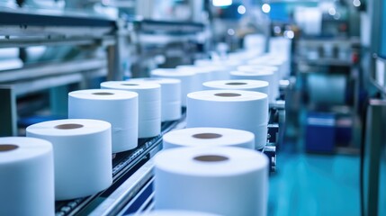 Obraz premium Automated Production Line of Toilet Paper Rolls on Conveyor Belt in Modern Factory Setting