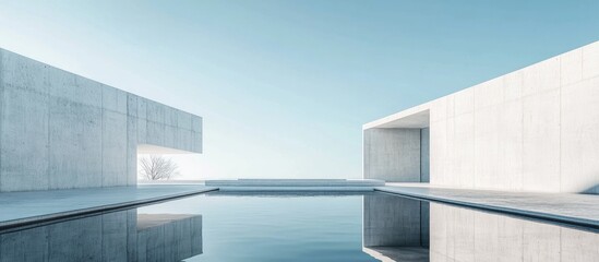 Abstract modern architecture with concrete structures and reflective pool under a clear sky showcasing minimalist design aesthetics