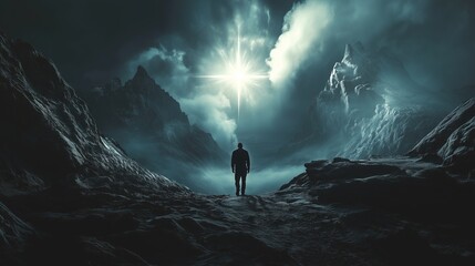 Fototapeta premium A man trusting in God as he makes his way across a pitch-black valley toward the celestial light