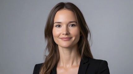 Obraz premium Professional woman smiling in a suit against a neutral background