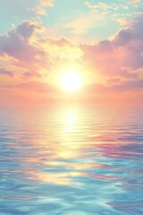 Serene sunset over calm ocean; pastel sky reflected in tranquil water.