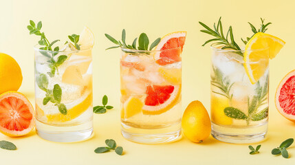 Fototapeta premium Refreshing Citrus Cocktails: Three glasses filled with ice, sparkling water, and fresh citrus slices, garnished with rosemary sprigs.