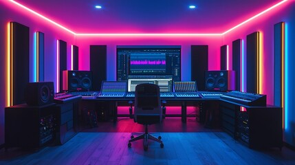 Neon-lit professional music recording studio.