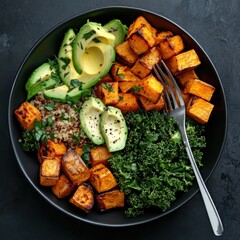 Delicious Vegan Bowl Kitchen Food Dark Background Overhead View Healthy Eating Concept