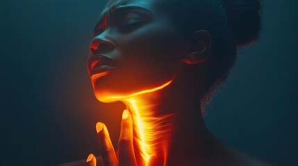 Close-up of woman's face, neck illuminated with vibrant orange light. Ideal for projects related to energy, beauty, or health.