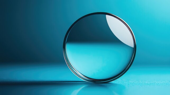 Convex Lens Placed on Soft Blue Background with Dramatic Backlighting Creating a Modern Artistic Effect