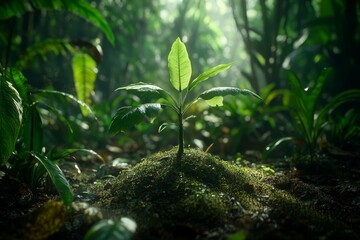 Obraz premium Lush jungle, sunlight illuminates a small sprout amidst dense foliage.