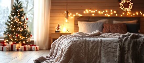 Cozy winter retreat bedroom adorned with festive lights and ornaments creating a warm holiday atmosphere for relaxation and celebration