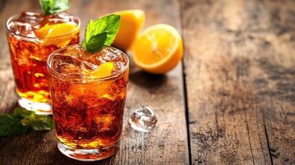 Refreshing cocktails served with lemon and mint on a rustic wooden table perfect for summer gatherings or casual dining experiences.
