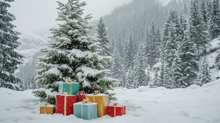 Naklejka premium Vibrant holiday gifts beneath a snow-covered fir tree in a winter wonderland during Christmas festivities