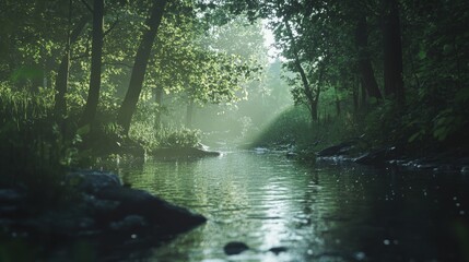 Fototapeta premium Tranquil creek flowing through a lush forest illuminated by soft sunlight creating a serene natural landscape scene