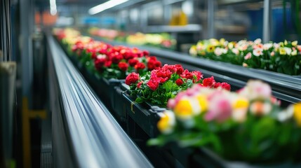 Conveyor belts transporting vibrant fresh flowers in a modern greenhouse distribution facility