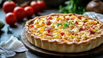 Rustic vegetable quiche on wooden board with fresh tomatoes and herbs in the background showcasing delicious homemade cuisine.