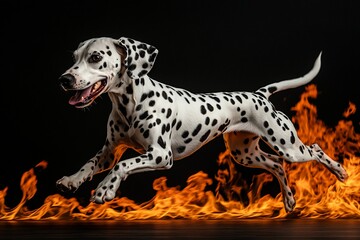 Dalmatian dog leaping over flames on black background.