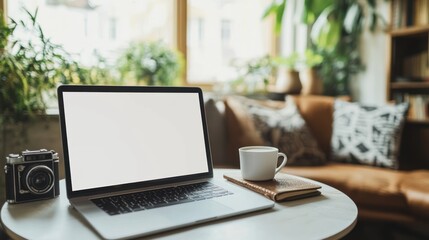 Cozy Workspace: Laptop, Coffee, and Camera