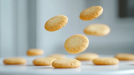 Obraz premium Floating cookies on a white table creating a dynamic and playful composition with ample empty space for creative design applications