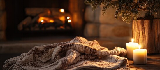 Warm and inviting festive setting with a cozy blanket arrangement and ambient candlelight near a fireplace for holiday gatherings