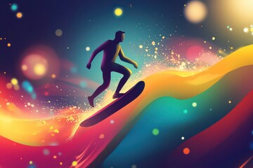 Naklejka premium Playful Businessman Surfing on a Colorful Graph
