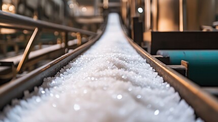 Conveyor Belt Transporting Sugar Cubes at Production Facility with White Crystals Close-Up