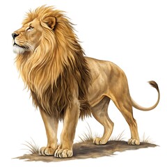 Obraz premium A majestic lion with a flowing golden mane, standing proudly with one paw slightly raised, against a transparent background. Its piercing eyes and muscular build emphasize its regal nature.ai generat