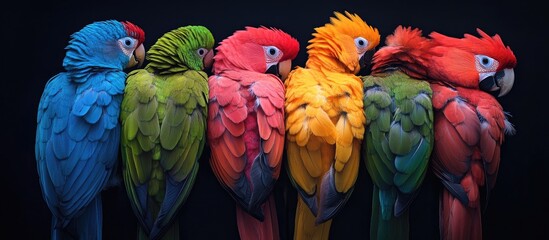 Obraz premium Vibrant collection of colorful parrots displaying unique feather patterns perfect for home decor and artistic presentations.