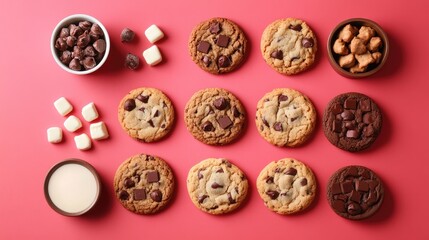 Cookie Baking Ingredients Flat Lay On Red Background Featuring Various Types Of Cookies Milk And Toppings For Delicious Treats