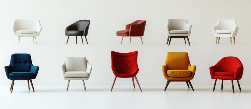 Modern collage of stylish chairs and armchairs on white background showcasing contemporary interior design inspiration and color variety