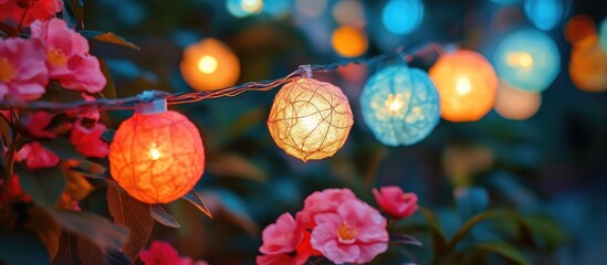 Obraz premium Colorful cotton light balls illuminate a vibrant garden filled with blooming flowers ideal for outdoor decoration and festive ambiance