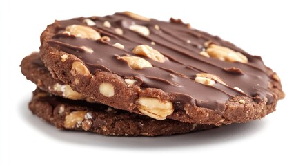 Delicious Chocolate Drizzled Cookie with Nuts Close Up on a White Background