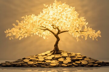 Serene Conceptual Tree Growing from Pile of Coins
