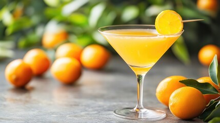 Refreshing kumquat cocktail garnished with a citrus slice surrounded by bright kumquats and lush green foliage. Perfect for summer gatherings.