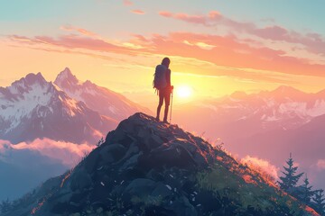 Fototapeta premium Serene Hiker at Sunrise on Mountain Peak